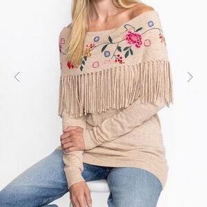 Embroidered Fringe Off-Shoulder Sweater - Beige